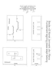 Tegning som viser detaljerte dimensjoner og oppsett for en betongfundamentplatt, inkludert snitt og oppside.