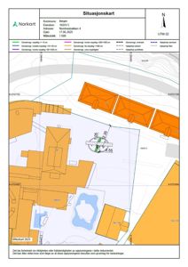 Situasjonskart som viser eiendomsforhold, naboeiendommer og bygningsplassering for eiendommen Nordnesbakken 4.