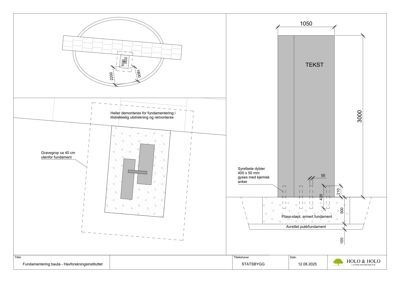 En teknisk detaljtegning som viser fundamentkonstruksjon, inkludert plass-støpt armet fundament, avrettet pukkfundament og syroflate dybde.