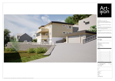 Fotografi av en planlagt bygning (etasjeleilighet) med omgivelser, inkludert bil og heis.