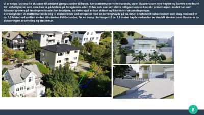 Bildet viser en collage med bilder av eksisterende hus og 3D-visualiseringer (renderinger) av et planlagt hus og utforming, inkludert situasjonsplaner og fasadeutsnitt.