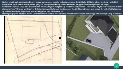 Bildet viser en situasjonsplan (tomtekart) med tegnet oppriss av en bygning, samt en 3D-visualisering av samme bygning sett fra luften.