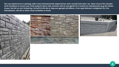 Fotografier som viser ulike steinmonstrede mønstre på støttemurer og gjerder.