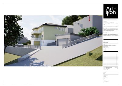 Fotografi av en planlagt bygning (hus og garasje) sett fra et visst perspektiv, sannsynligvis en rendering eller et bilde fra en presentasjon.