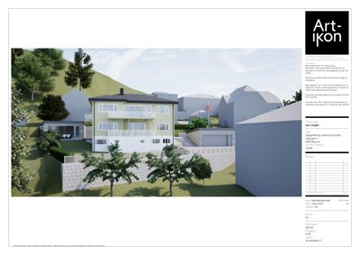 3D-visualisering av et husprosjekt med omgivende natur og nabohus