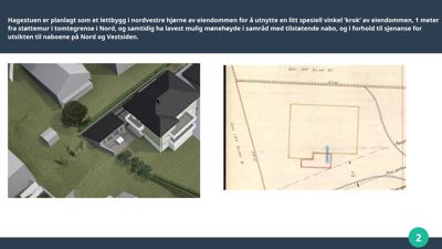 Bildet viser en presentasjonsside med en 3D-rendering av et hus (venstre) og en situasjonsplan (høyre).