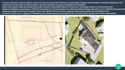 Bildet viser en situasjonsplan (til venstre) og en 3D-visualisering (til høyre) av eiendom med støttmur og nabogrenser.