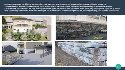 Et sammensatt bilde som viser en 3D-rendering av en støttemur (venstre) og to fysiske eksempler på støttemurer i naturstein (høyre).