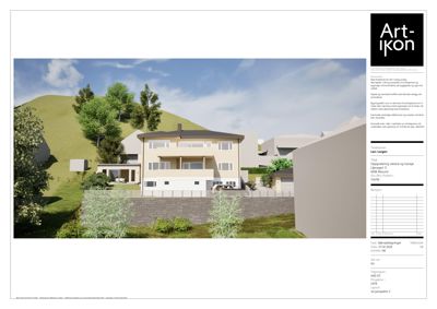 3D-visualisering av et husprosjekt med tekstbeskrivelse og tegningsinformasjon.