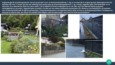 Fotografier av en eiendom med fokus på gjerde, balkongrekkverk og naboeiendommer.