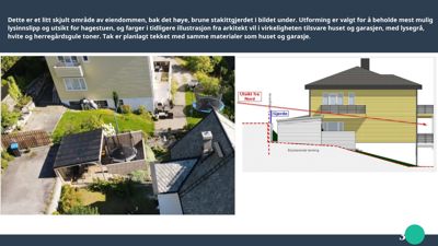 Et fotografi av en eksisterende tomt med hus, garasje og hage, sett fra luften.