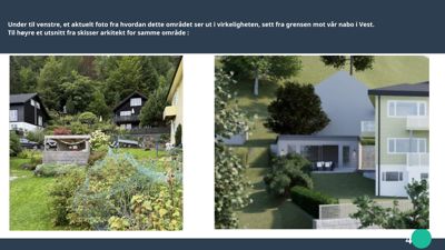 Bildet viser en side fra en presentasjon. Til venstre er et fotografi av et eksisterende område med hus og hage. Til høyre er en 3D-visualisering (rendering) av et planlagt bygg i samme område. Teksten over bekrefter at venstre side er et 'aktuelt foto' og høyre side er et 'utsnitt fra skisser'.