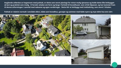 Fotografier av eksisterende hus og garasje i området, inkludert et flyfoto og to nærbilder.