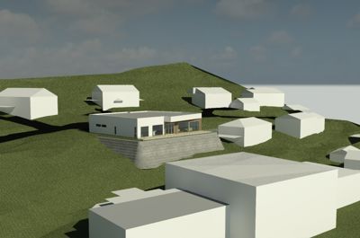 Situasjonsplan som viser plassering av et nytt hus i forhold til eksisterende bebyggelse og terreng.