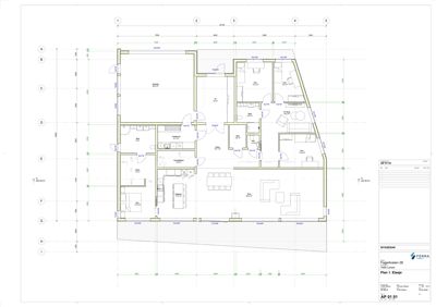 Etasjeplan (Plan 1. Etasje) som viser romfordeling, vegger, dører og møblement for en bolig.