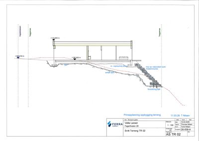 Snittegning som viser tverrsnitt gjennom bygningens fundament, terrangoppbygging og trappetrinn.