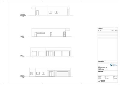 Fasadetegning som viser bygningens utseende fra alle fire sider (Nord, Sør, Øst, Vest) med vinduer, dører og garasjeport.