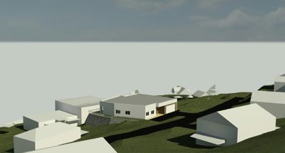 Situasjonsplan som viser bygningenes plassering i forhold til hverandre og terrenget (høydeforskjeller).