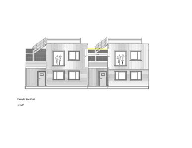 Fasadetegning (opprikk) av en bygning sett fra sør-vest, med vinduer, dører og balkonger tegnet inn.