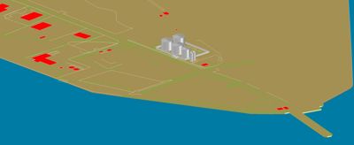3D-visualisering av et industriområde eller terminal med flere bygninger, tankanlegg og infrastruktur langs kysten.