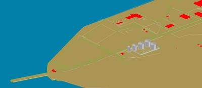 Situasjonsplan som viser tomtens beliggenhet ved kysten, plassering av bygninger (røde flater), infrastruktur (grønne linjer) og et sentralt anlegg med siloer.