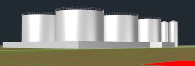 3D-visualisering av en industriell anlegg med flere store siloer og mindre tankkuller.