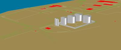 Situasjonsplan som viser plassering av et anlegg med siloer (muligens oljetank) i forhold til veier, andre bygninger og kystlinje.