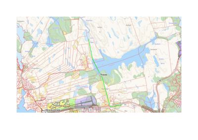 Et kart som viser et geografisk område med topografi, vannmasser og infrastruktur. En grønn linje markerer en 'Trasee' (trase) gjennom området.