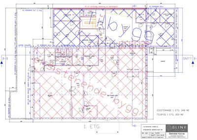 Etasjeplan (1. etg) med romnummerering, dimensjoner og konstruksjonsdetaljer for en byggesak.