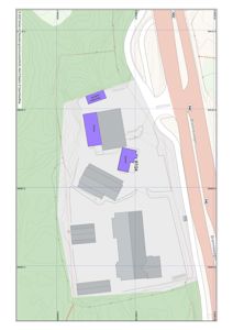 Situasjonsplan som viser tomtens form, beliggenhet i terrenget (konturlinjer), og plassering av bygninger i forhold til veien 'Bremnesvegen'.
