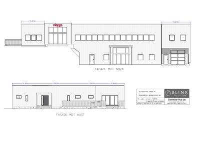 Tegning som viser fasadeopprikk for bygningen sett fra nord og aust.