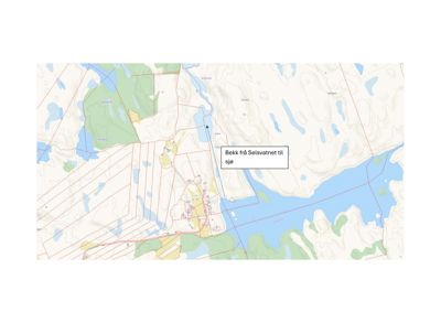 Et topografisk kart som viser terrengform, vannmasser (sjø, innsjøer, bekker) og eiendomsgrenser. En tekstboks peker på en bekkestrømning.