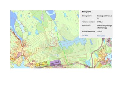 Et digitalt kart som viser et geografisk område med arealbruksinndeling, vassdrag og en spesifikk sikringsone for drikkevann.