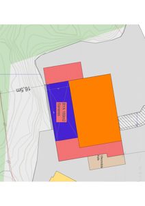 Situasjonsplan som viser tomtens form, omgivelser (topografi), og plassering av bygninger (BYA) og utleiemåle. Planen inneholder også mål (16,5m) og arealopplysninger.