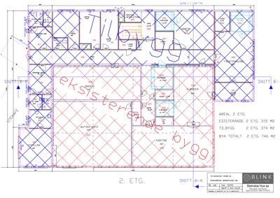 Etasjeplan for 2. etasje med romnummerering, arealoppdelinger og snittlinjer.