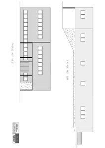 Tegning som viser fasaderetningen mot vest og sør for en bygning, inkludert vinduoppsett og konstruksjonsdetaljer.