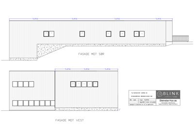 Fasadetegning som viser bygningens utseende fra sør og vest med vinduer og tilbygg.