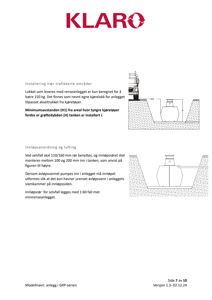 Tegning som viser installasjonsdetaljer for et renseanlegg, inkludert minimumsavstander og innløpsanordning.