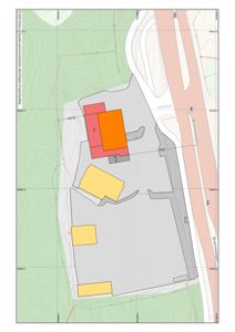 Situasjonsplan som viser tomtens form, beliggenhet i forhold til Børnesvegen, og plassering av bygninger (hus) på tomten.