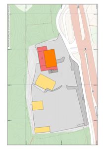 Situasjonsplan som viser tomtens form, topografi (konturlinjer), plassering av bygninger i forhold til hverandre og veien 'Bennemarksvegen'.