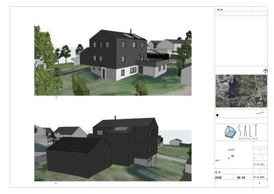 3D-visualiseringer (renderinger) av en planlagt bygning sett fra ulike vinkler, inkludert omgivelser.