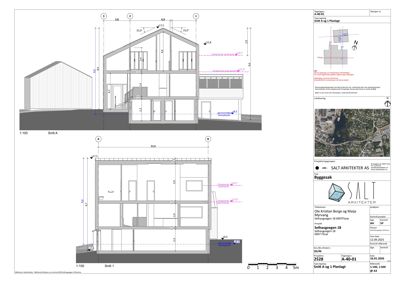 Bildet viser en snittegning (Snitt A og Snitt 1) av en bygning, inkludert etasjeplaner og fasadeopprikk.