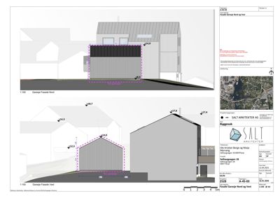 Fasadetegning som viser ny garasje sett fra nord og vest med høydemål og situasjon.