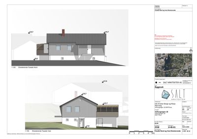Tegning som viser fasadeoppsett for eksisterende og nye tilleggsbygninger sett fra nord og vest.