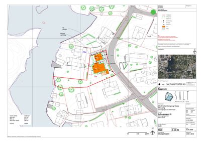 Situasjonsplan som viser tomtens beliggenhet, grenser, nabolag, veier og omgivende infrastruktur.