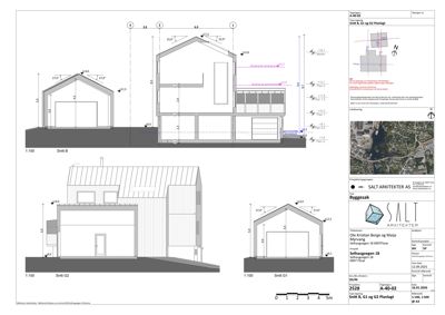 Snittegning (Snitt B, G1 og G2) som viser bygningens tverrsnitt, høyder, takform og romfordeling.
