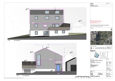 Fasadetegning som viser oppriss av bygningens front (Sør og Øst) med mål og detaljer.
