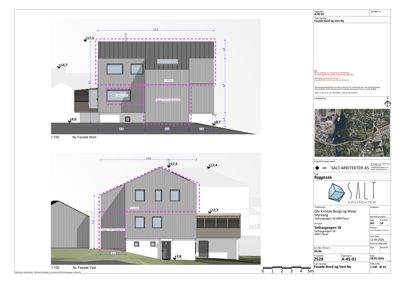 Fasadetegning som viser oppriss av bygningens nord- og vestside med mål og detaljer.