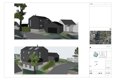 3D-visualiseringer (renderinger) av en planlagt boligbebyggelse sett fra ulike vinkler, inkludert detaljer om fasade, tak og omgivelser.