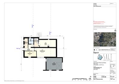 Etasjeplan (Plan 1) som viser romfordeling, arealer og dimensjoner for en eksisterende bygning.
